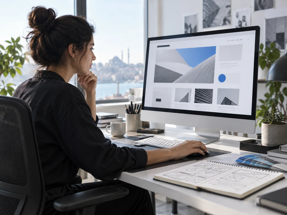 Web tasarımı üzerinde çalışan kreatif ekip üyesi
