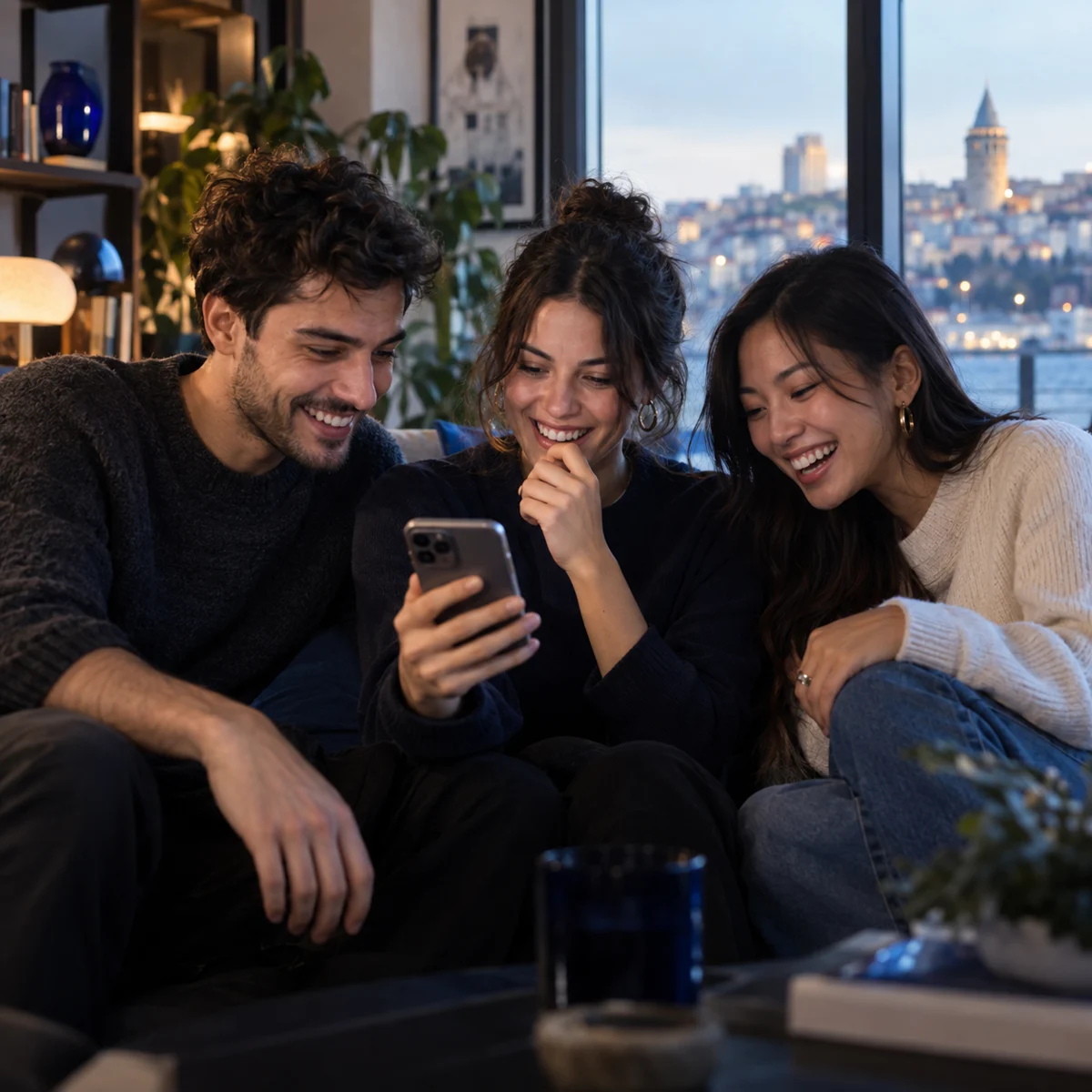 Telefondan sosyal medya videosu izleyerek keyifli vakit geçiren arkadaş grubu