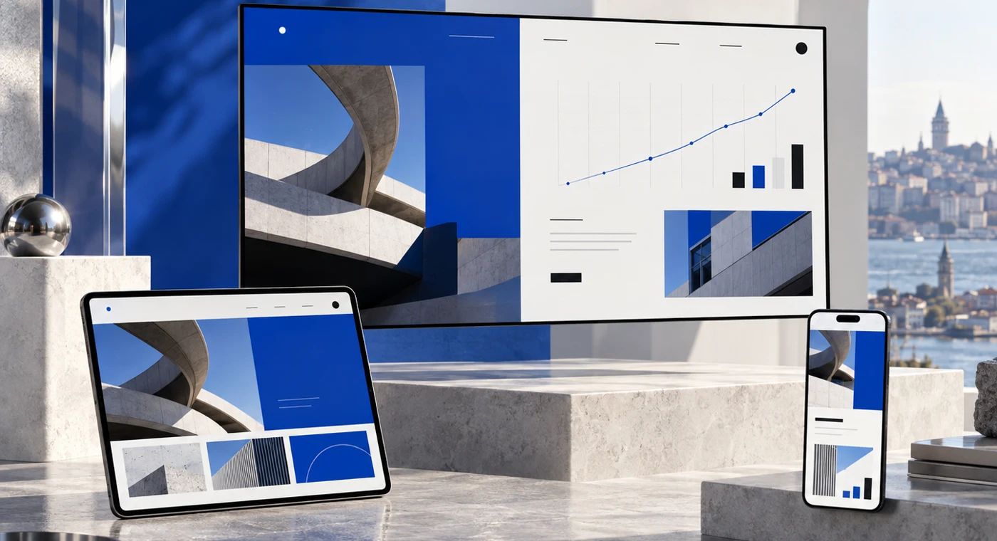 Modern masaüstü, tablet ve mobil ekranlarda responsive web sitesi ile yükselen SEO görünürlük grafiği
